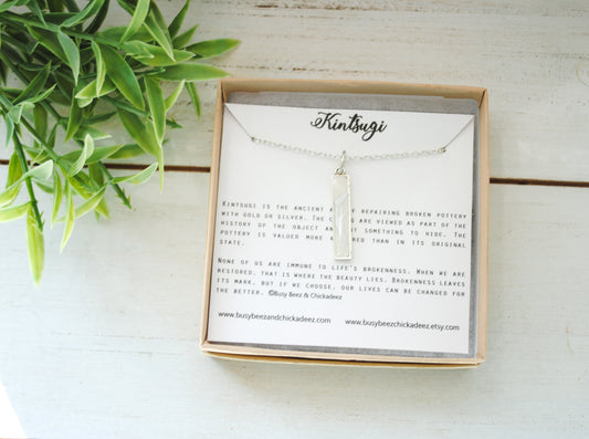 Kintsugi Inspired Pendants - Encouragement Gift - Kintsugi Bar Necklace, Rectangle, White, Silver