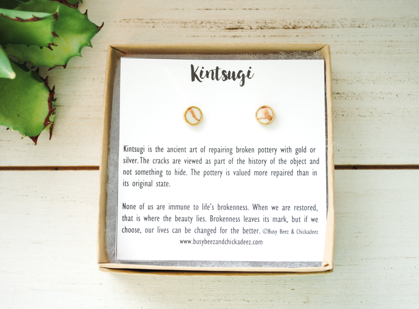 Kintsugi Inspired Earrings - Petite Round Setting, White and Gold - Encouragement Gift