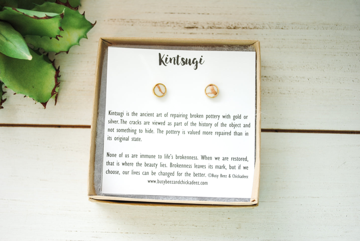 Kintsugi Inspired Earrings - Petite Round Setting, White and Gold - Encouragement Gift