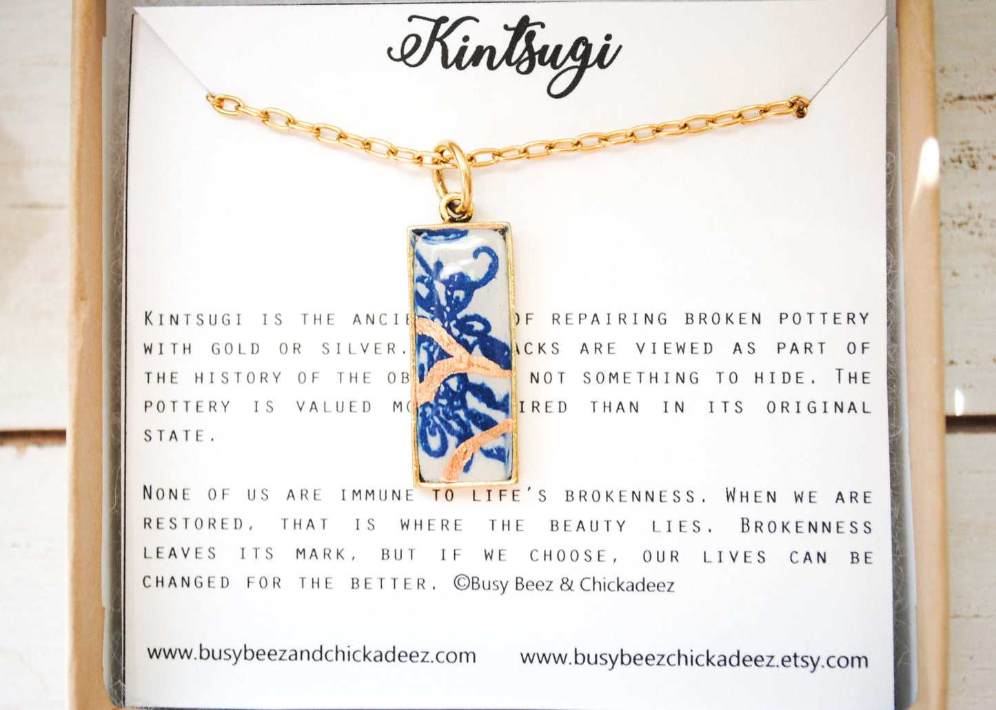 Kintsugi Inspired Pendants - Encouragement Gift - Kintsugi Necklace Rectangle, scroll blue floral, gold or silver