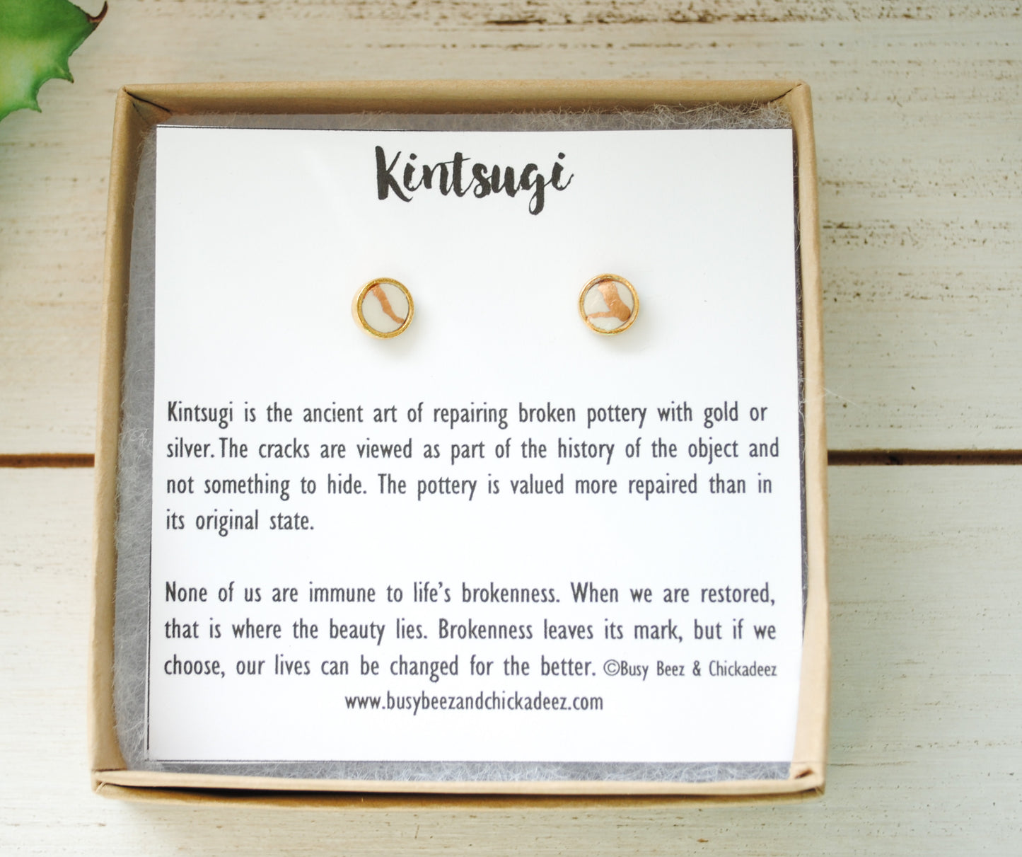 Kintsugi Inspired Earrings - Petite Round Setting, White and Gold - Encouragement Gift