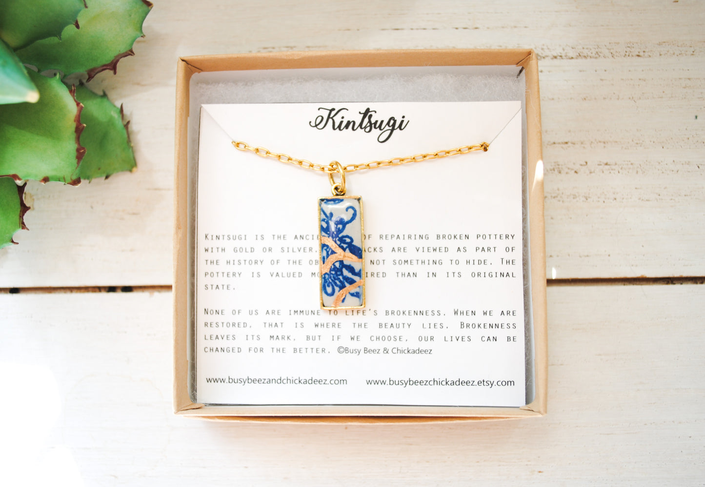 Kintsugi Inspired Pendants - Encouragement Gift - Kintsugi Necklace Rectangle, scroll blue floral, gold or silver