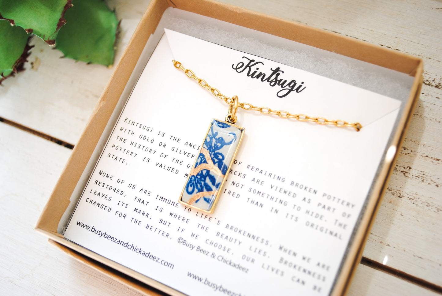 Kintsugi Inspired Pendants - Encouragement Gift - Kintsugi Necklace Rectangle, scroll blue floral, gold or silver