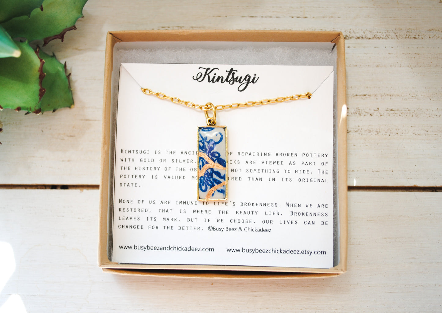 Kintsugi Inspired Pendants - Encouragement Gift - Kintsugi Necklace Rectangle, scroll blue floral, gold or silver