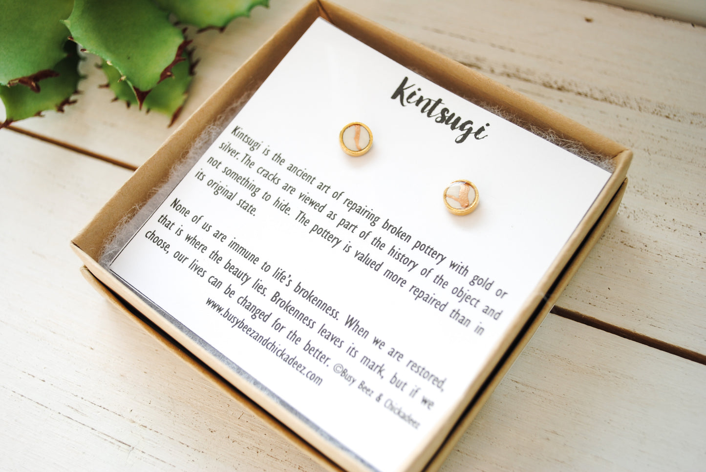 Kintsugi Inspired Earrings - Petite Round Setting, White and Gold - Encouragement Gift