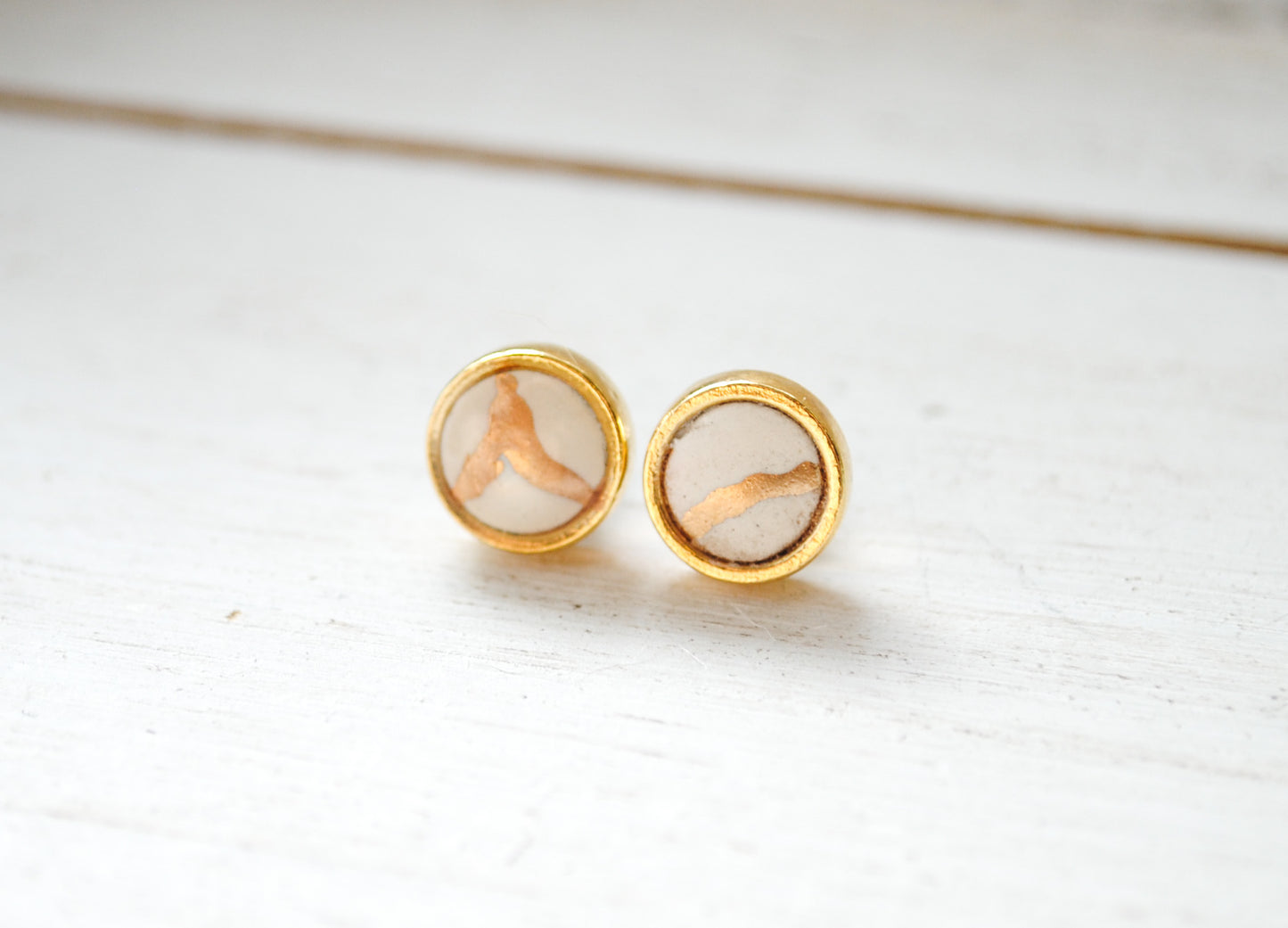 Kintsugi Inspired Earrings - Petite Round Setting, White and Gold - Encouragement Gift