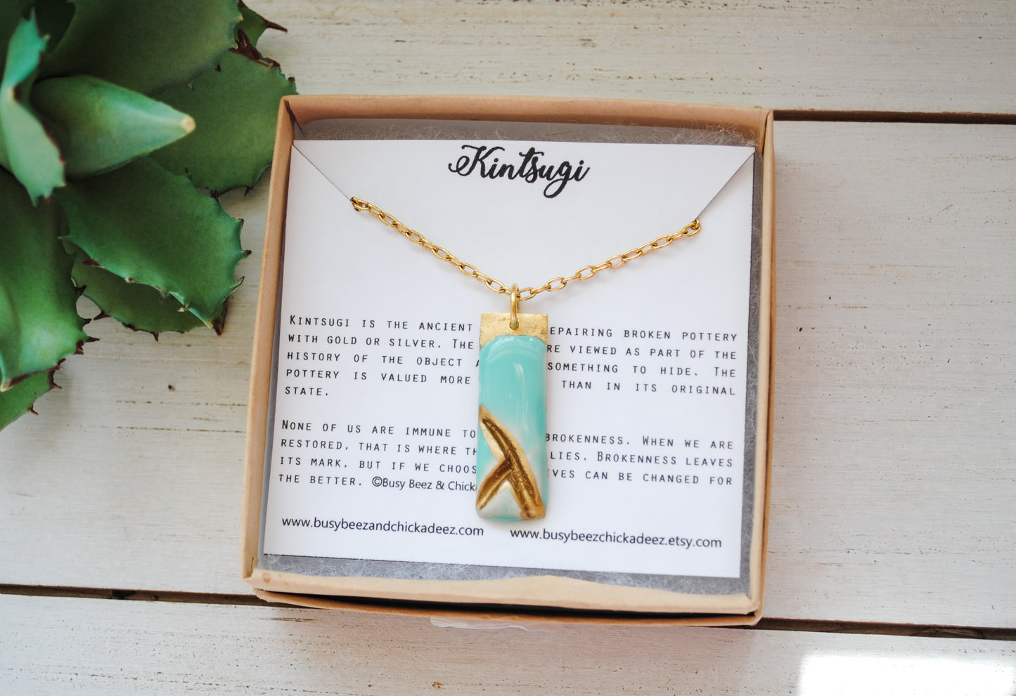 Kintsugi Inspired Pendants - Encouragement Gift - Double Sided Necklace - Hand Stamped - Kintsugi Necklace Rectangle, turquoise, gold