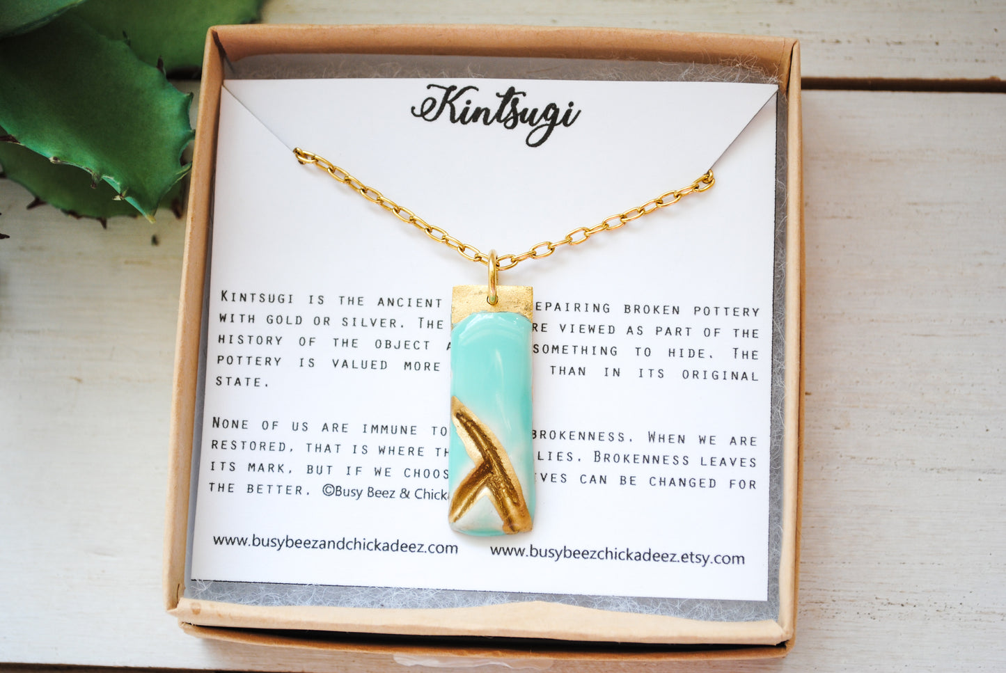 Kintsugi Inspired Pendants - Encouragement Gift - Double Sided Necklace - Hand Stamped - Kintsugi Necklace Rectangle, turquoise, gold