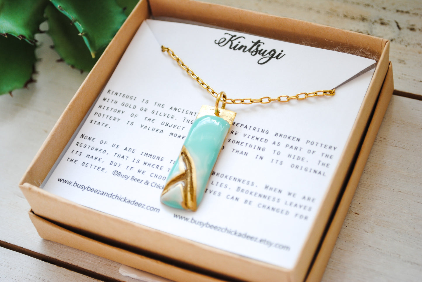 Kintsugi Inspired Pendants - Encouragement Gift - Double Sided Necklace - Hand Stamped - Kintsugi Necklace Rectangle, turquoise, gold