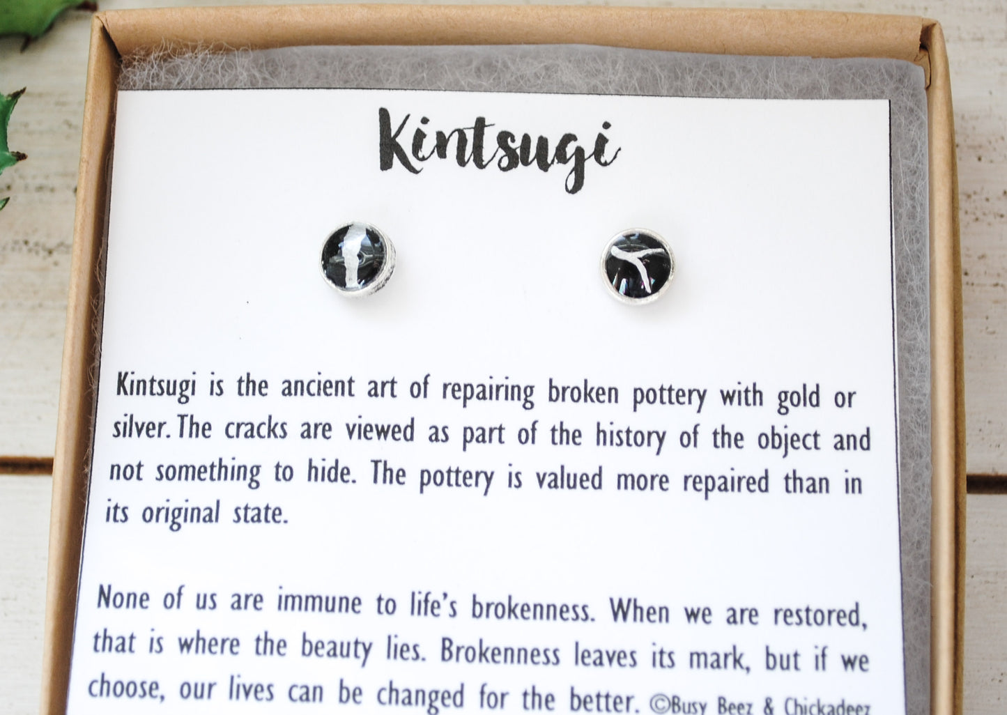 Kintsugi Inspired Earrings - Petite Round Setting, Black, Silver - Encouragement Gift