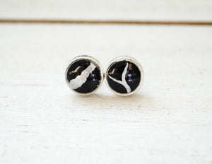 Kintsugi Inspired Earrings - Petite Round Setting, Black, Silver - Encouragement Gift