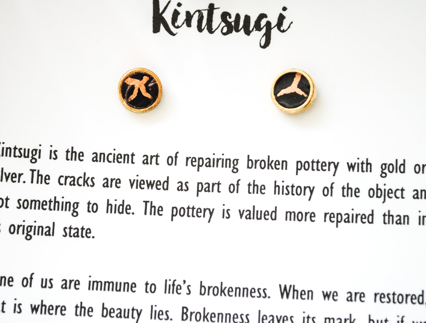 Kintsugi Inspired Earrings - Petite Round Setting, Black and Gold - Encouragement Gift