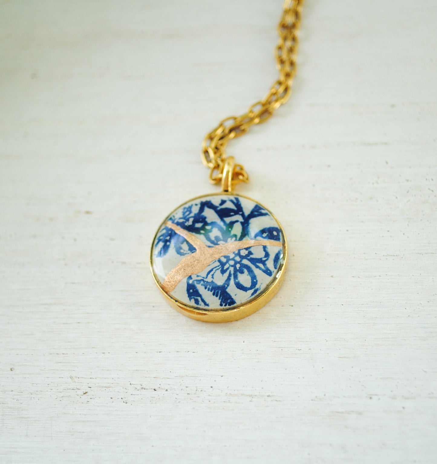 Kintsugi Inspired Pendants - Encouragement Gift - Kintsugi Necklace Round, blue floral, gold