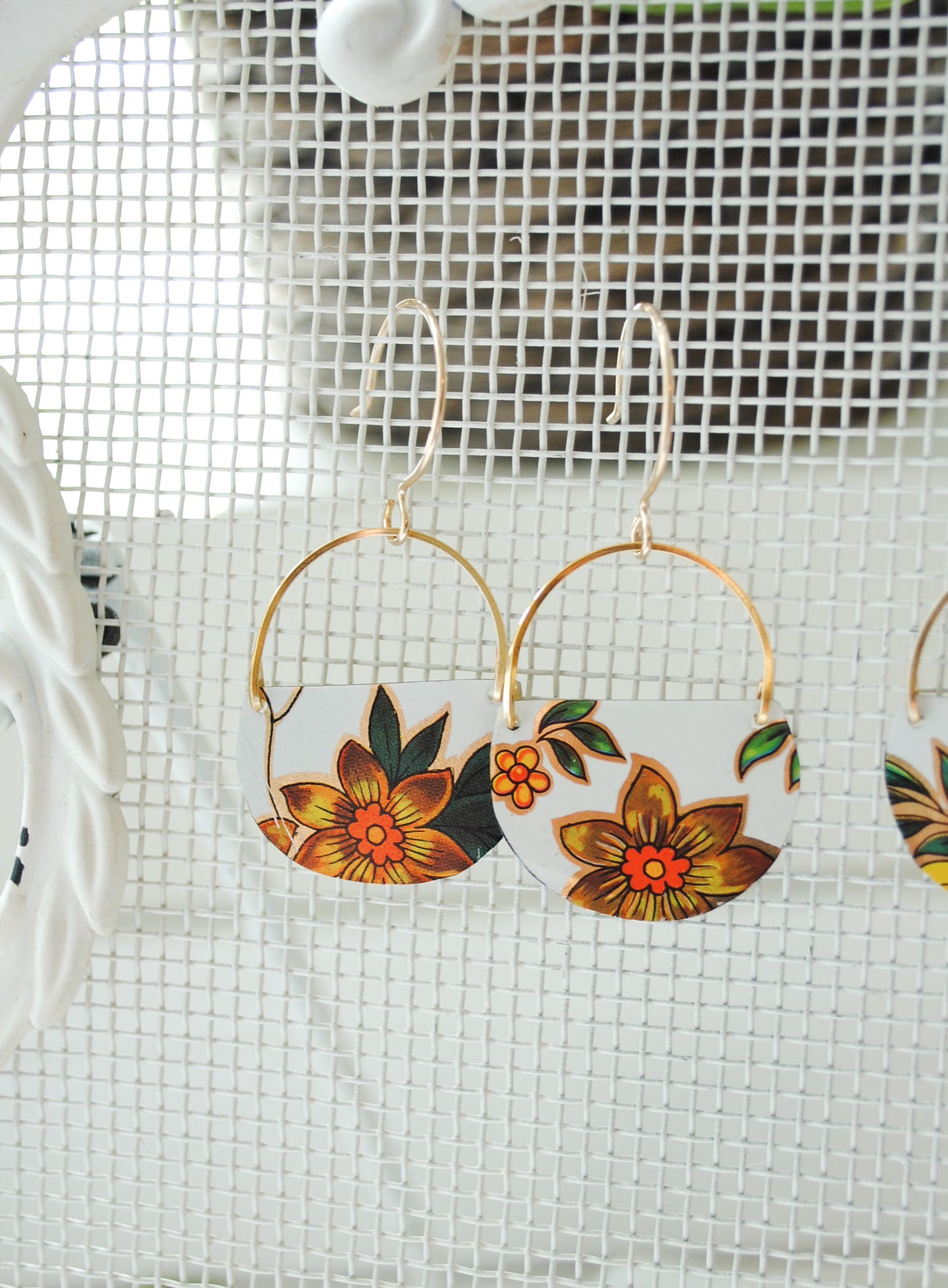 Yellow Flower Half Circle  Earrings - Daffodil Earrings