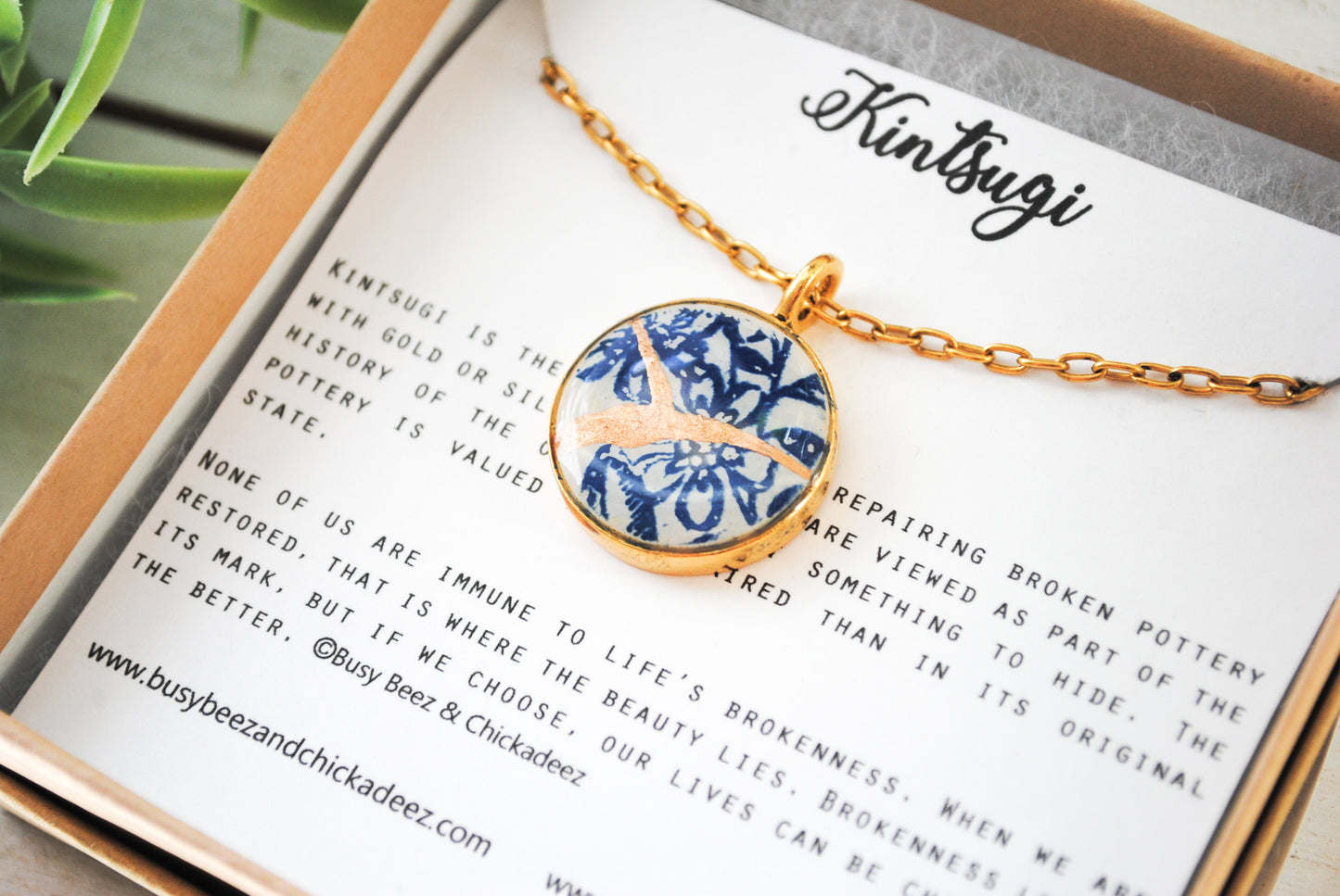 Kintsugi Inspired Pendants - Encouragement Gift - Kintsugi Necklace Round, blue floral, gold