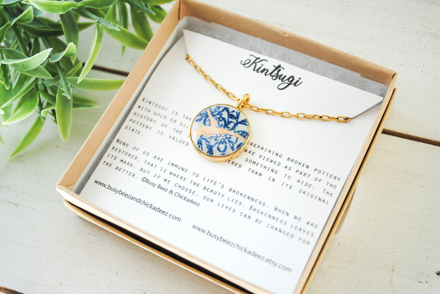 Kintsugi Inspired Pendants - Encouragement Gift - Kintsugi Necklace Round, blue floral, gold