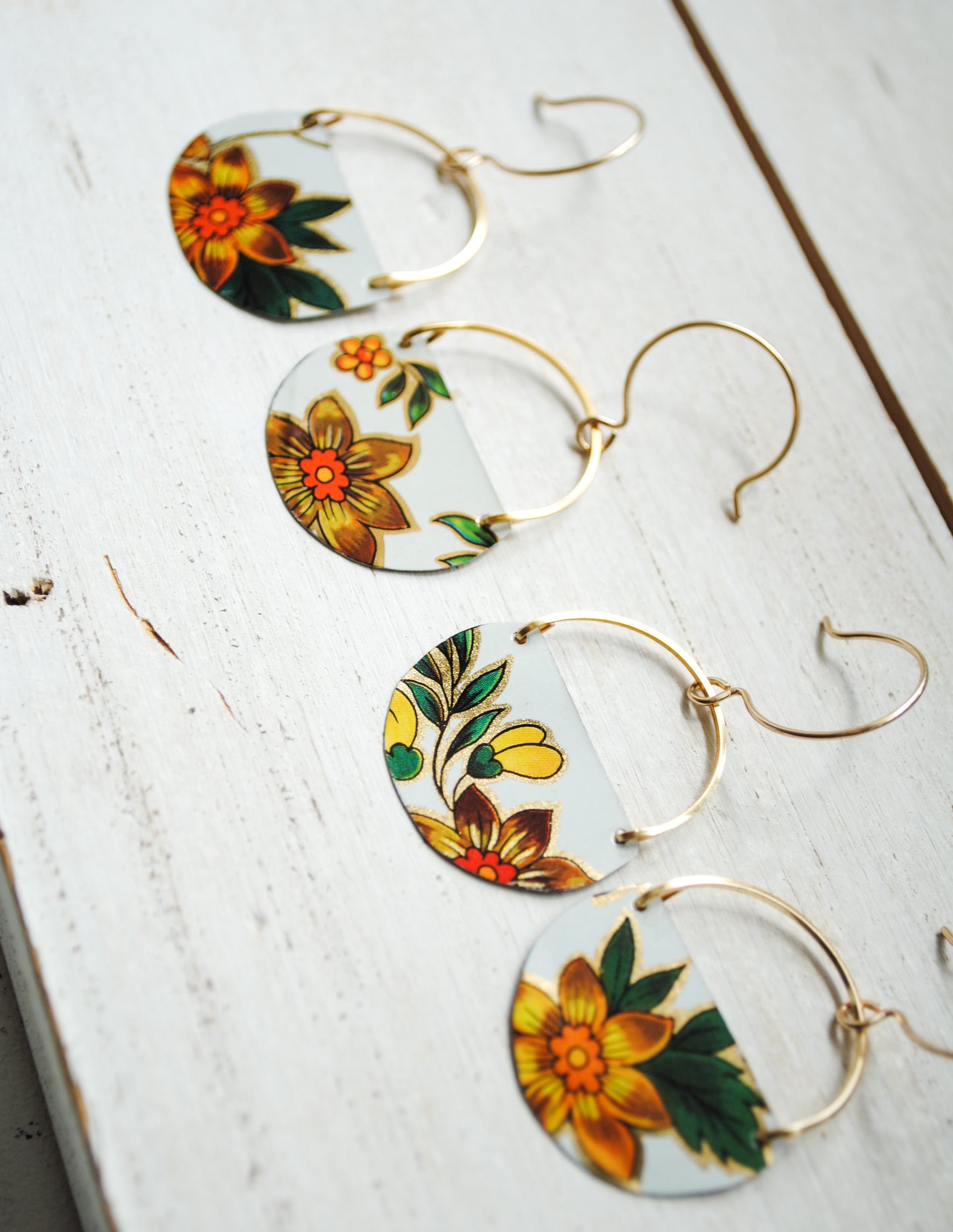 Yellow Flower Half Circle  Earrings - Daffodil Earrings