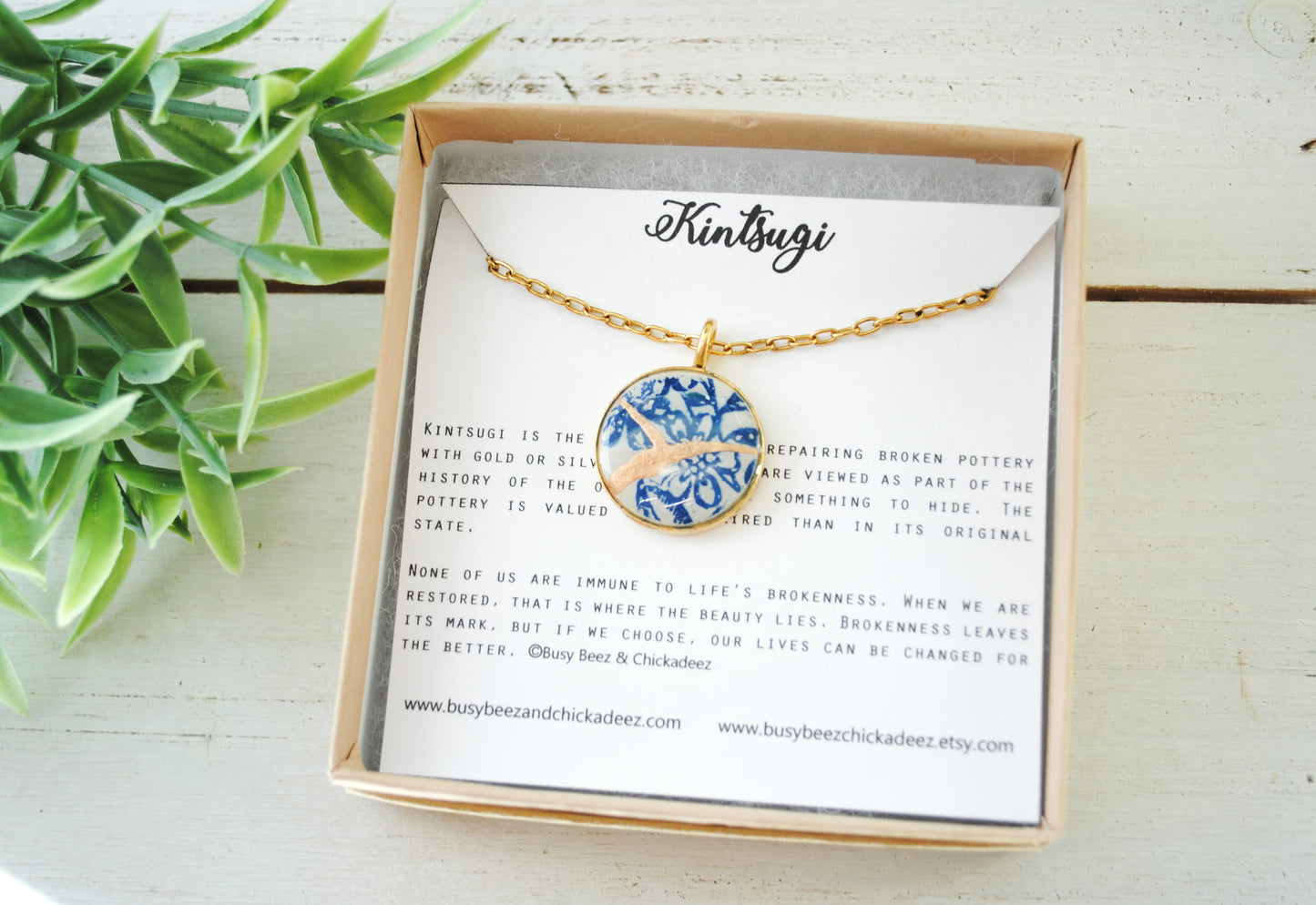 Kintsugi Inspired Pendants - Encouragement Gift - Kintsugi Necklace Round, blue floral, gold