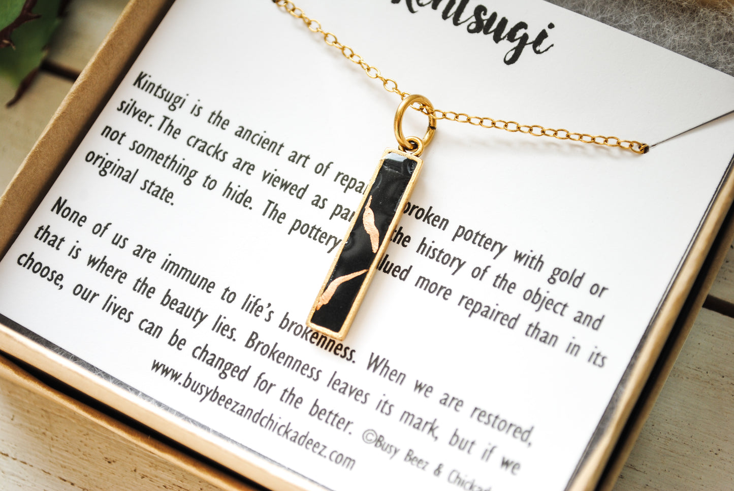 Kintsugi Inspired Pendants - Encouragement Gift - Kintsugi Bar Necklace, Rectangle, Black, Gold