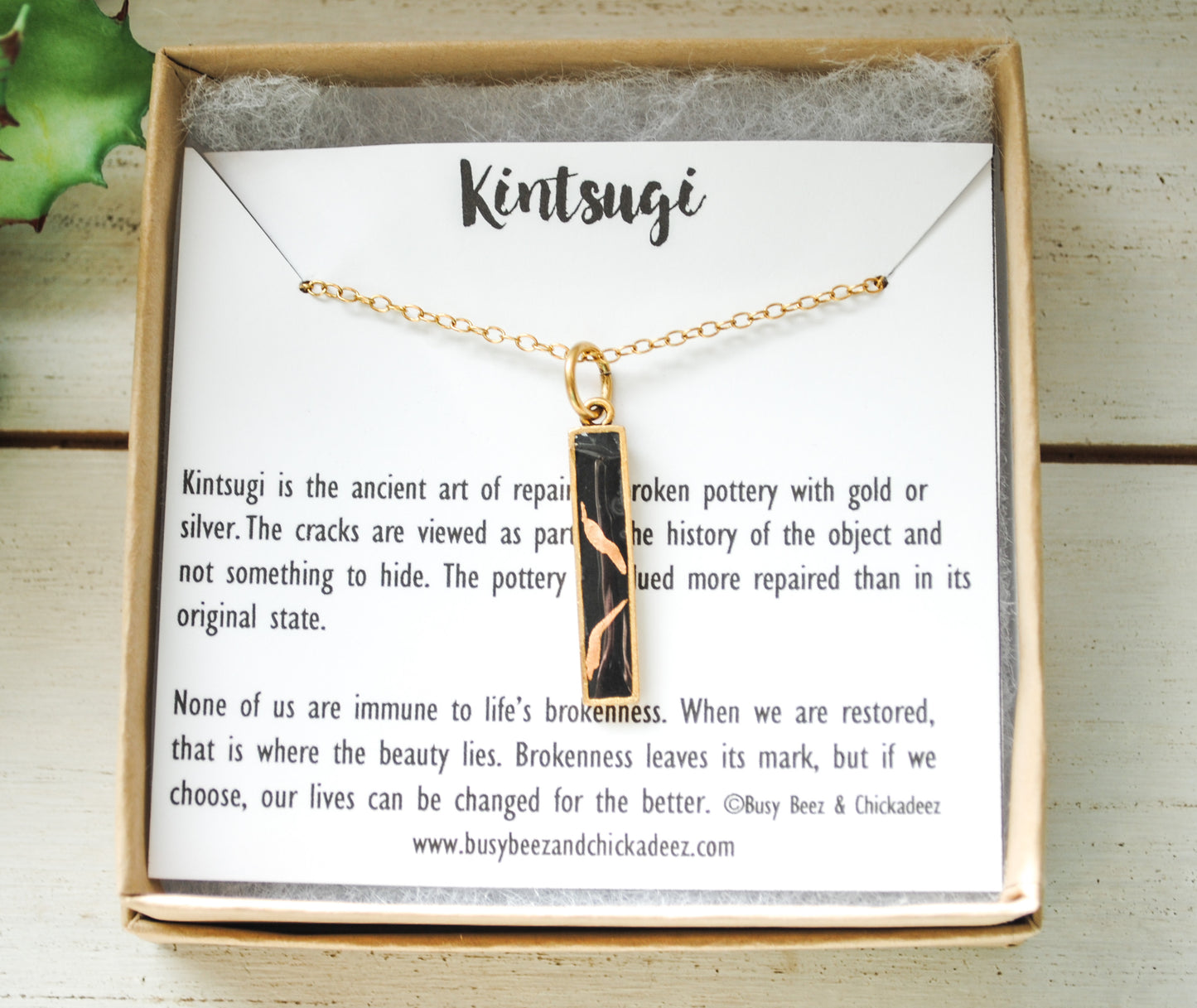 Kintsugi Inspired Pendants - Encouragement Gift - Kintsugi Bar Necklace, Rectangle, Black, Gold