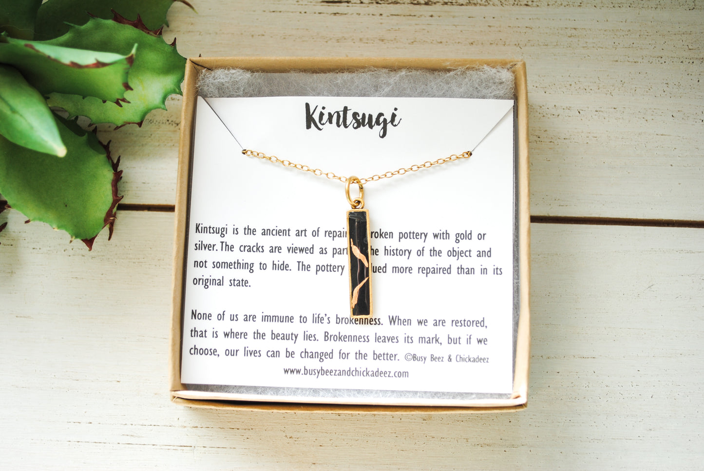 Kintsugi Inspired Pendants - Encouragement Gift - Kintsugi Bar Necklace, Rectangle, Black, Gold