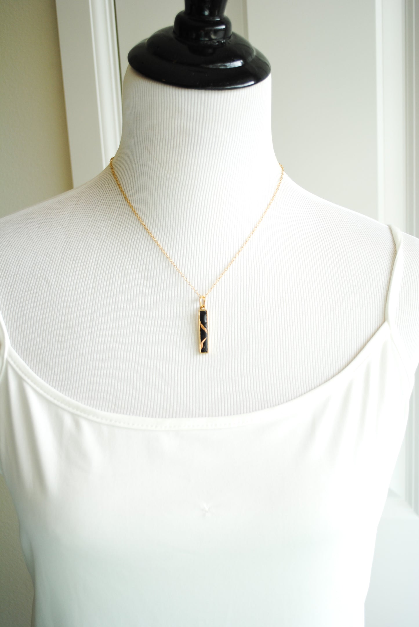 Kintsugi Inspired Pendants - Encouragement Gift - Kintsugi Bar Necklace, Rectangle, Black, Gold