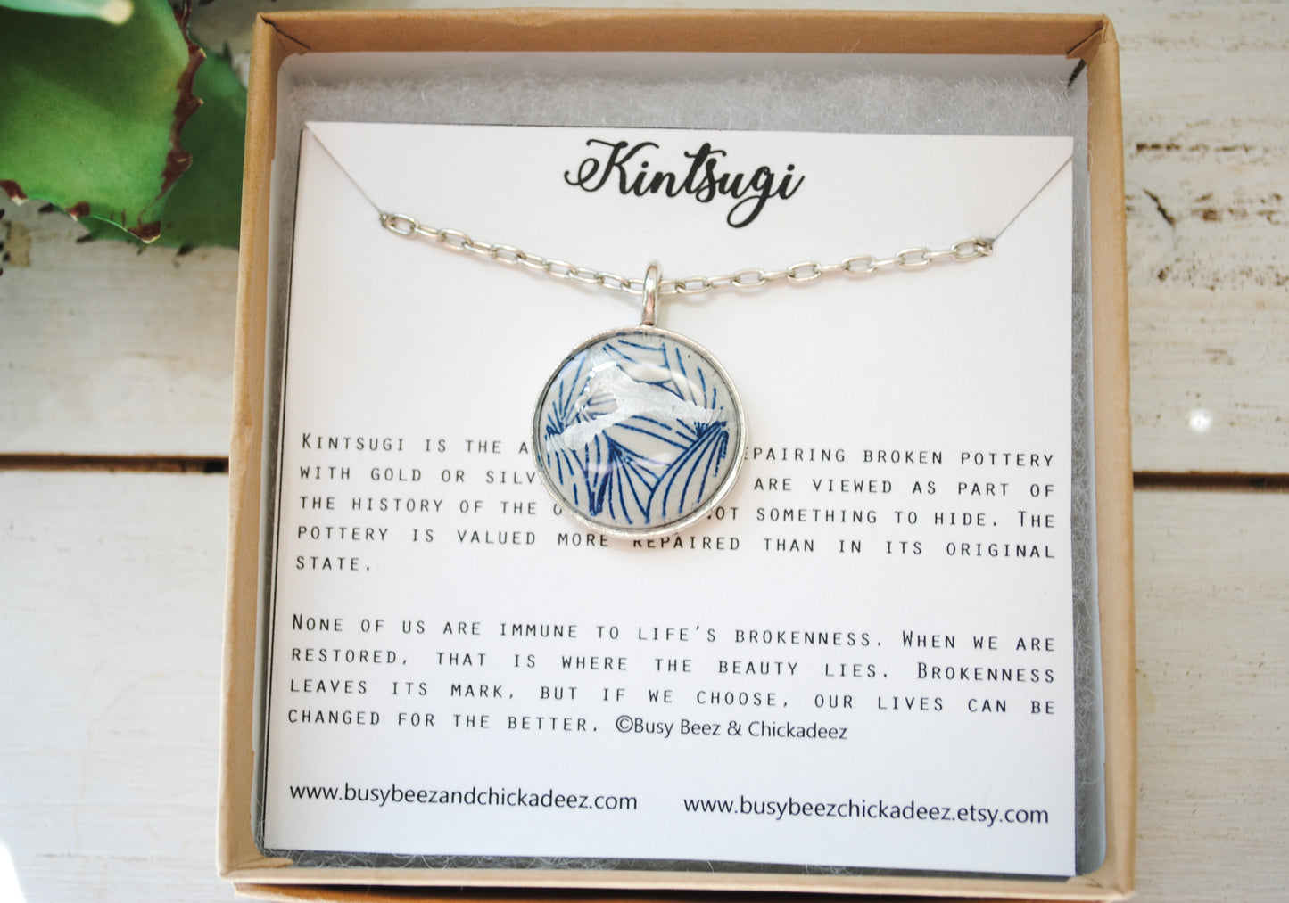 Kintsugi Inspired Pendants - Encouragement Gift - Kintsugi Necklace Round, blue petal, silver