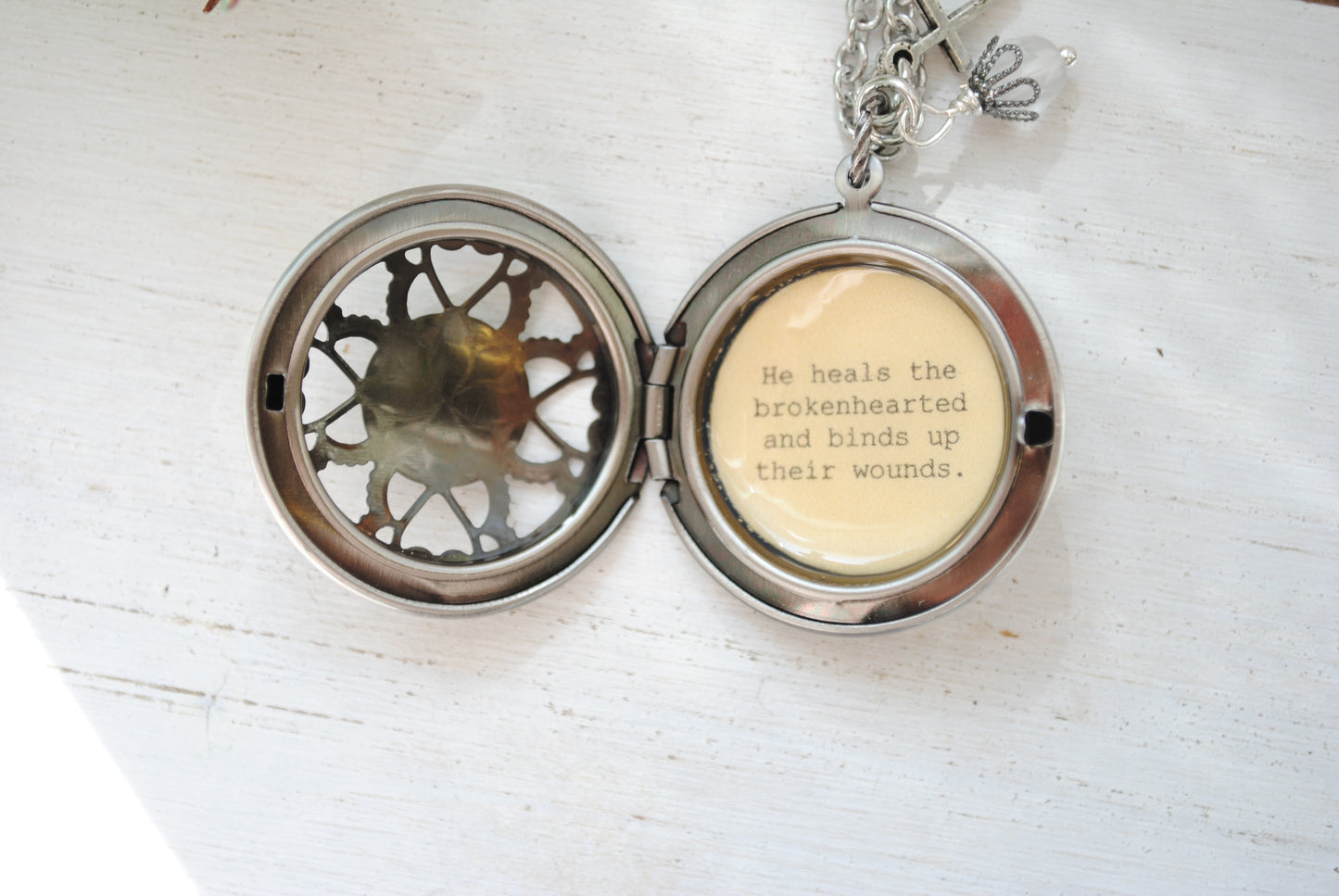 He heals the brokenhearted and binds up their wounds - Psalm 147:3 - Bereavement Gift - Memorial Locket, Faith Jewelry, Christian Locket