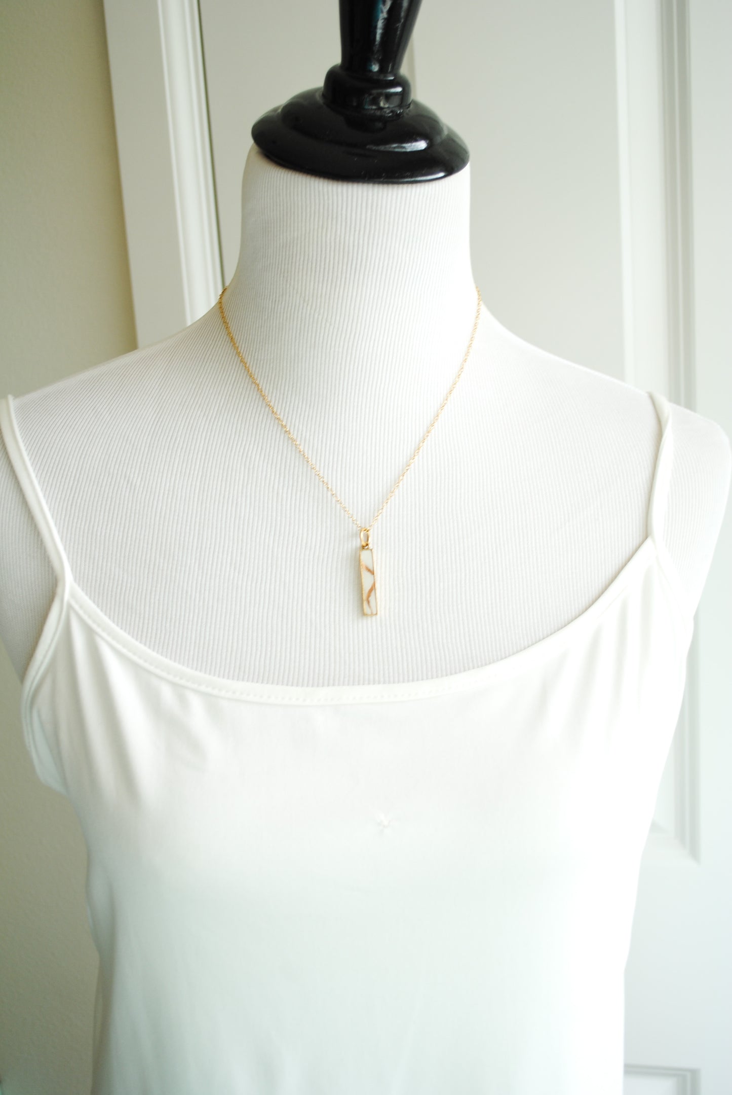 Kintsugi Inspired Pendants - Encouragement Gift - Kintsugi Bar Necklace, Rectangle, White, Gold