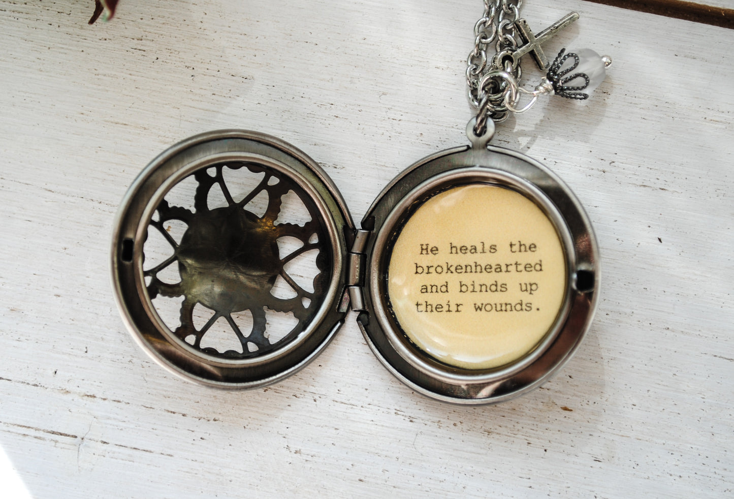 He heals the brokenhearted and binds up their wounds - Psalm 147:3 - Bereavement Gift - Memorial Locket, Faith Jewelry, Christian Locket