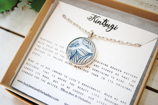 Kintsugi Inspired Pendants - Encouragement Gift - Kintsugi Necklace Round, blue petal, silver