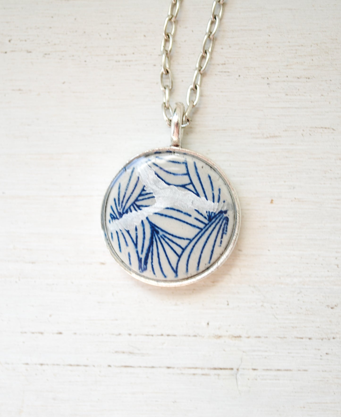 Kintsugi Inspired Pendants - Encouragement Gift - Kintsugi Necklace Round, blue petal, silver