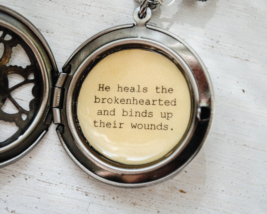 He heals the brokenhearted and binds up their wounds - Psalm 147:3 - Bereavement Gift - Memorial Locket, Faith Jewelry, Christian Locket