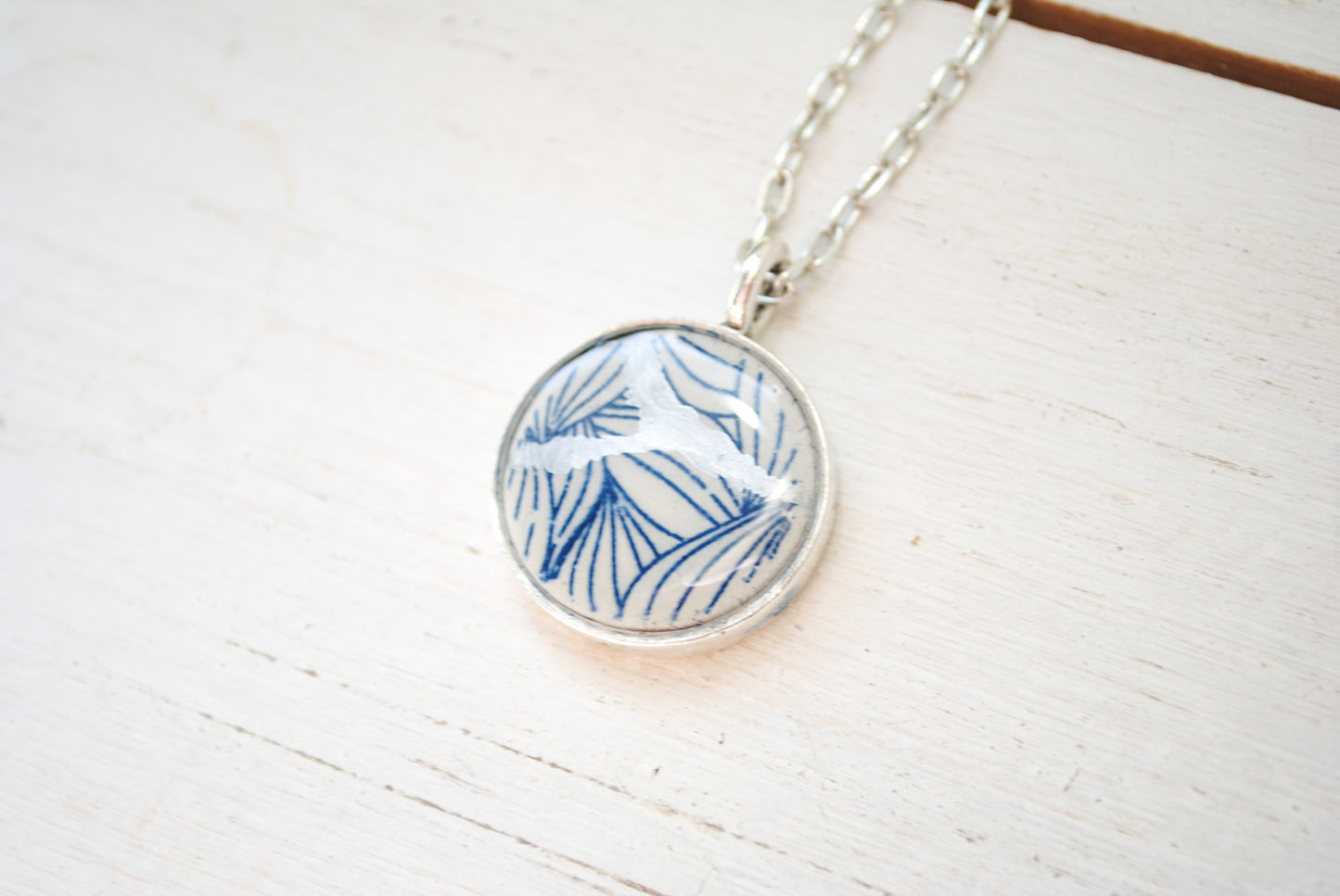 Kintsugi Inspired Pendants - Encouragement Gift - Kintsugi Necklace Round, blue petal, silver