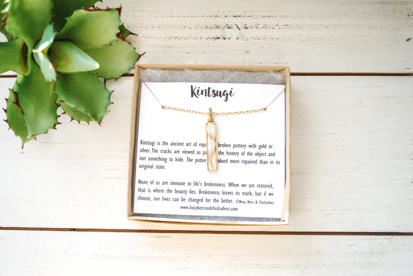 Kintsugi Inspired Pendants - Encouragement Gift - Kintsugi Bar Necklace, Rectangle, White, Gold