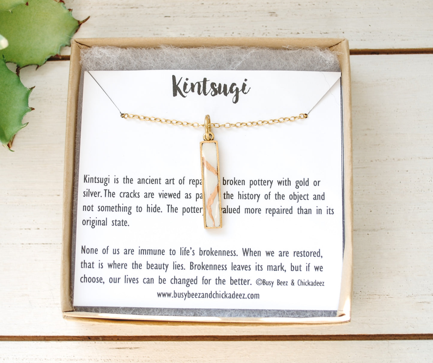 Kintsugi Inspired Pendants - Encouragement Gift - Kintsugi Bar Necklace, Rectangle, White, Gold