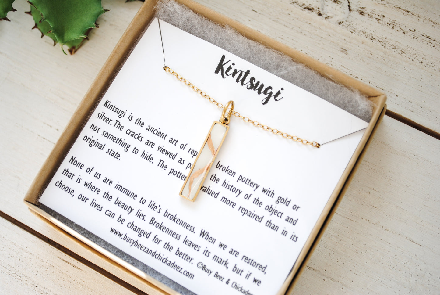 Kintsugi Inspired Pendants - Encouragement Gift - Kintsugi Bar Necklace, Rectangle, White, Gold