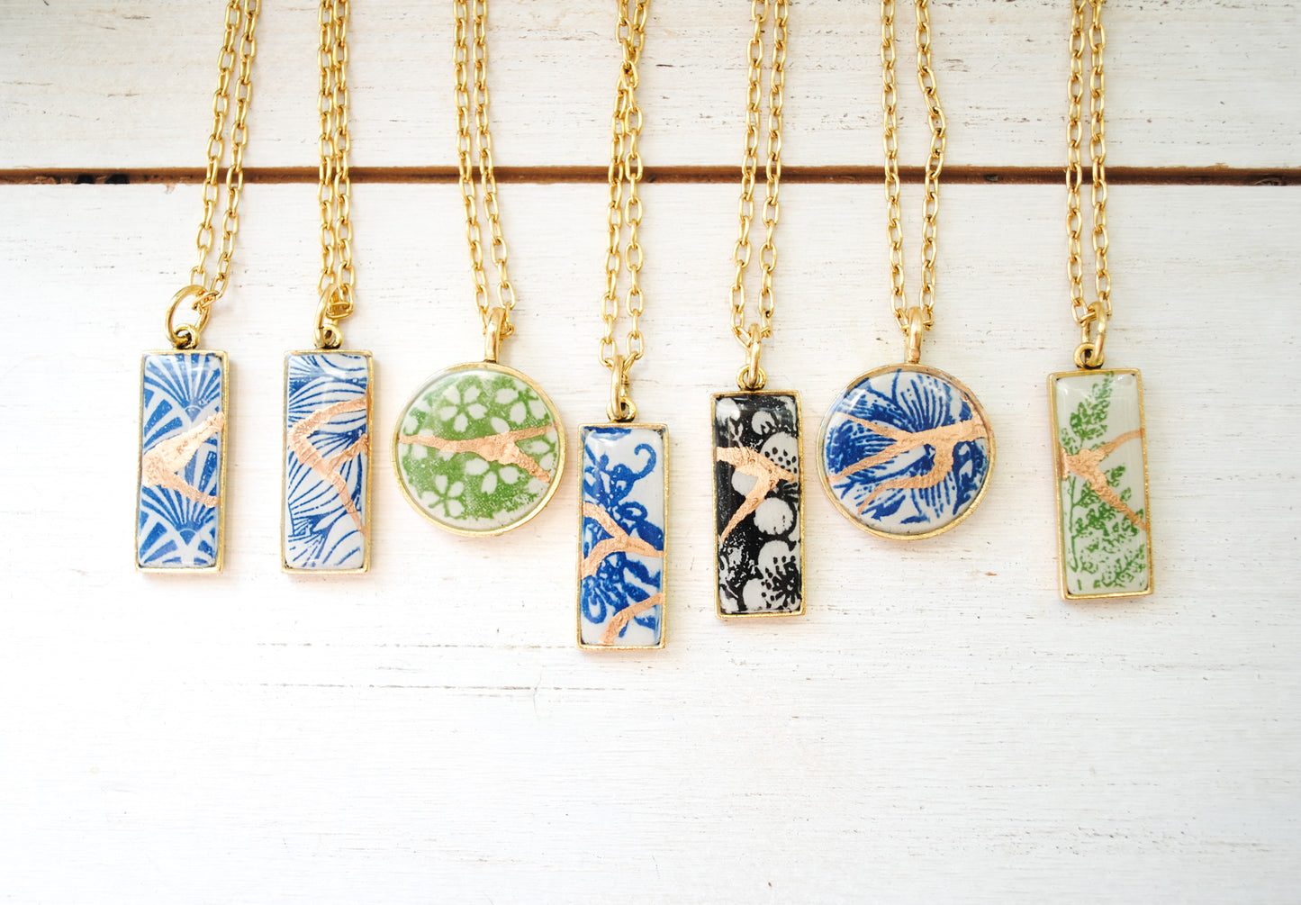 Kintsugi Inspired Pendants - Encouragement Gift - Kintsugi Necklace Round, blue petal, silver