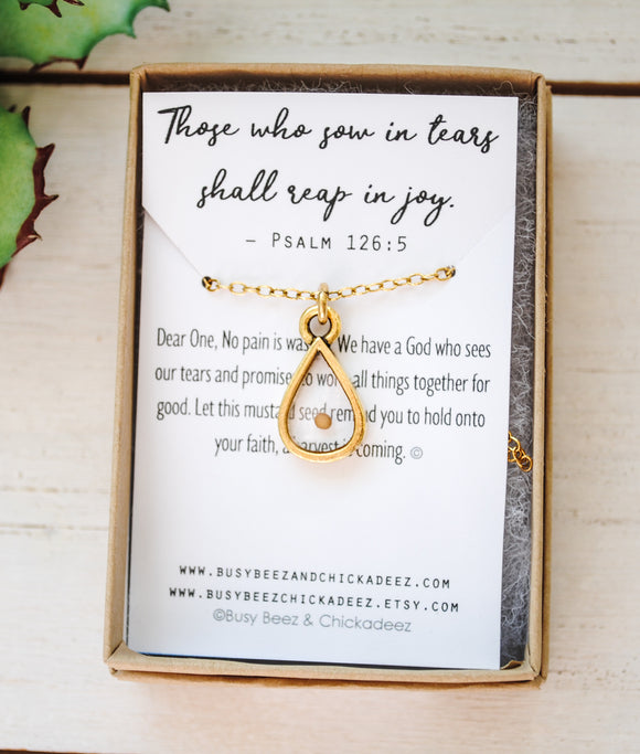 Teardrop Mustard Seed Necklace - Silver or Gold - Those who sow in tears shall reap in joy - Psalm 126:5 - Faith Necklace