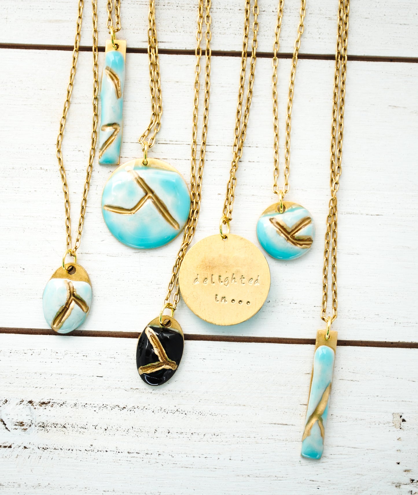 Kintsugi Inspired Pendants - Encouragement Gift - Hand Stamped Double Sided Necklace - Small Circle, Turquoise, Gold