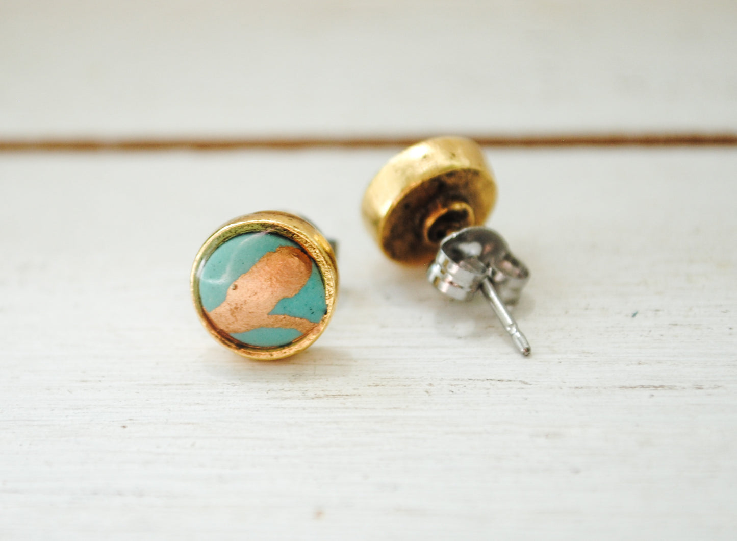 Kintsugi Inspired Earrings - Petite Round Setting, Turquoise, coral, blue or green