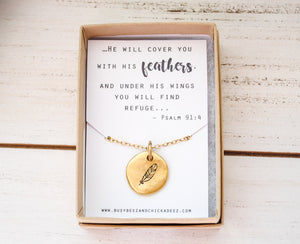 Feather Necklace - Psalm 91:4 He will cover you with his feathers - encouragement gift - Christian Necklace, Faith Jewelry - Gold or Silver