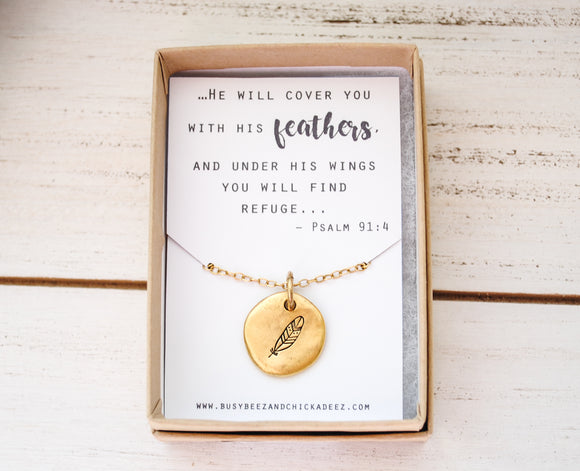 Feather Necklace - Psalm 91:4 He will cover you with his feathers - encouragement gift - Christian Necklace, Faith Jewelry - Gold or Silver