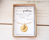 Feather Necklace - Psalm 91:4 He will cover you with his feathers - encouragement gift - Christian Necklace, Faith Jewelry - Gold or Silver