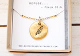 Feather Necklace - Psalm 91:4 He will cover you with his feathers - encouragement gift - Christian Necklace, Faith Jewelry - Gold or Silver