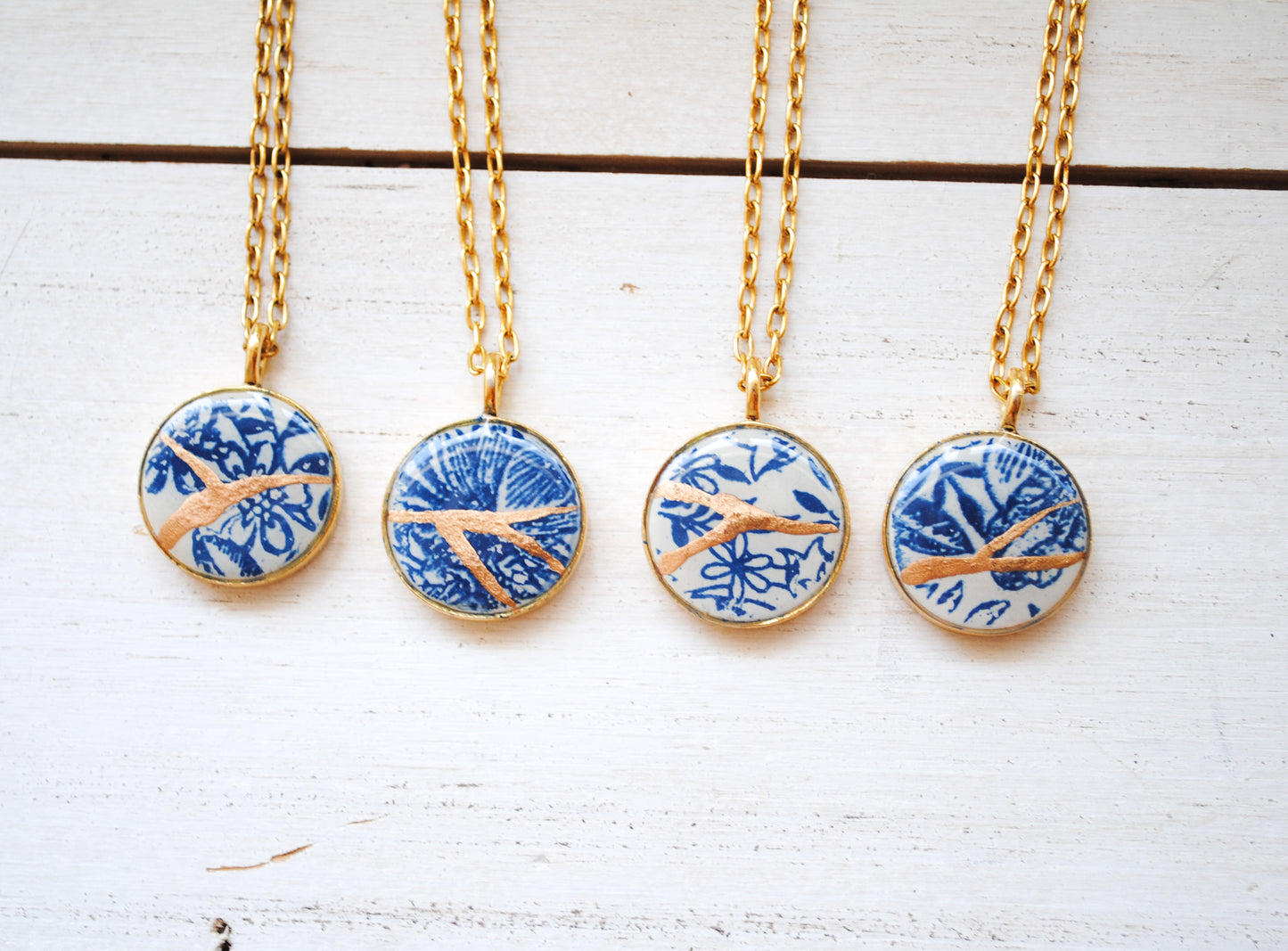 Kintsugi Inspired Pendants - Encouragement Gift - Kintsugi Necklace Round, blue floral, gold