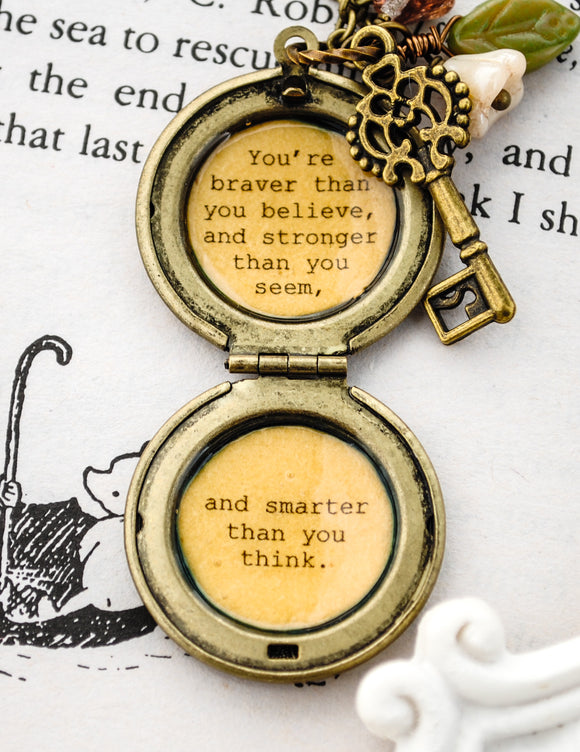 Women's Locket - Friendship Jewelry - Winnie the Pooh Quote - You're braver than you believe, and stronger than you seem, and smarter