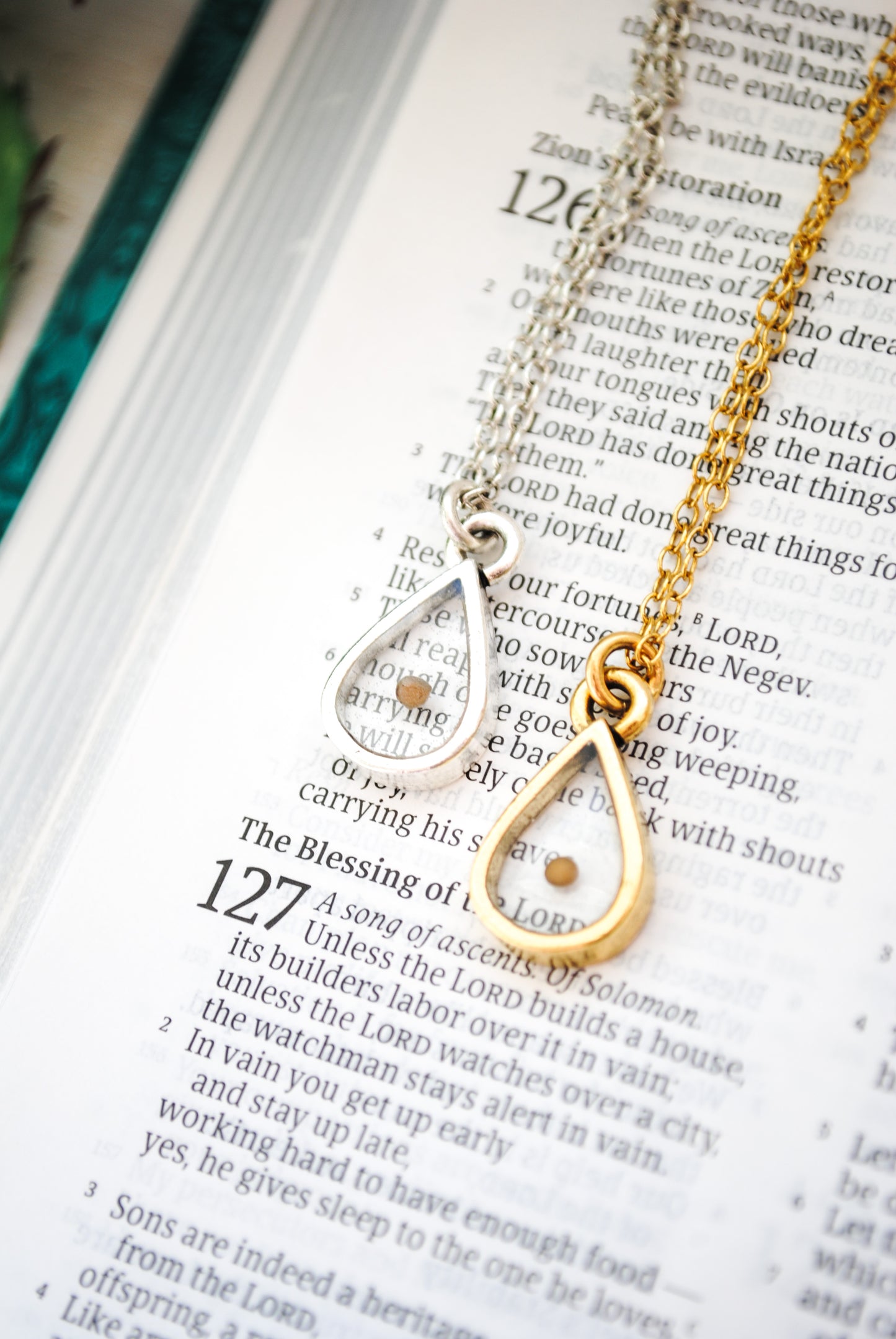 Teardrop Mustard Seed Necklace - Silver or Gold - Those who sow in tears shall reap in joy - Psalm 126:5 - Faith Necklace