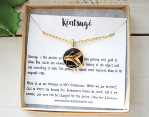 Kintsugi Inspired Pendants - Encouragement Gift - Round, Black, Gold, Kintsugi Jewelry, Kintsugi Necklace