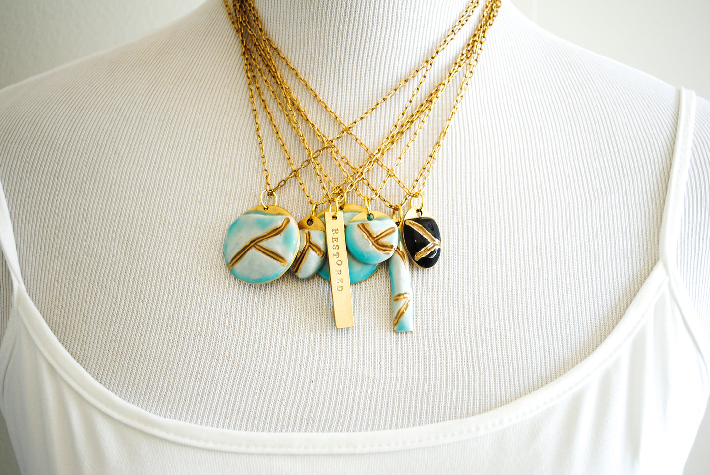 Kintsugi Inspired Pendants - Encouragement Gift - Hand Stamped Double Sided Necklace - Small Circle, Turquoise, Gold